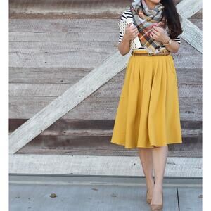 Modcloth Golden Yellow Pleated Belted A-Line Below the Knee Skirt